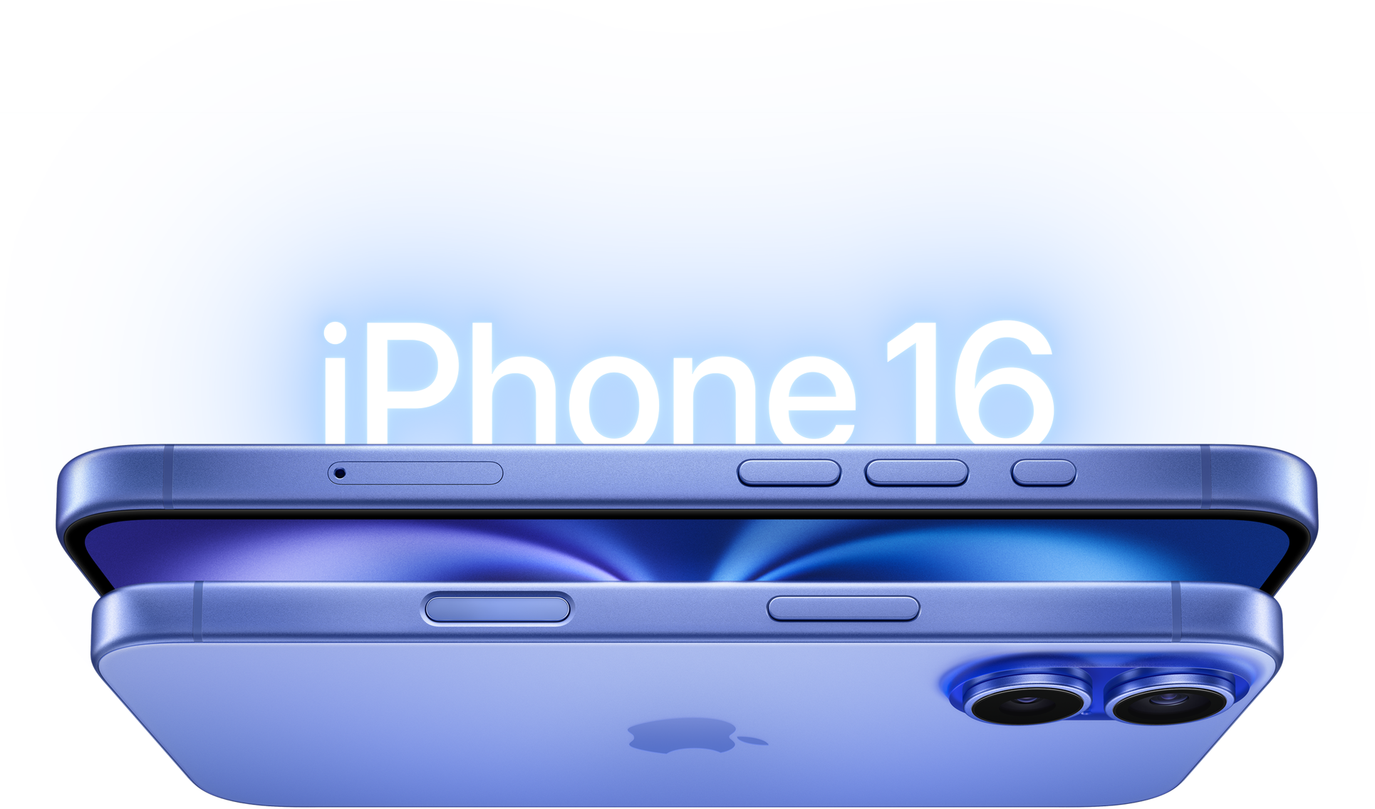 Two iPhone 16 models in Ultramarine, side exterior, side button, raised dual camera system.