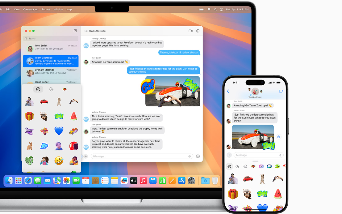 Atvērts Mac portatīvais dators, blakus tam ir iPhone. Abos ekrānos tiek izmantota Messages aplikācija ar vienādām īsziņām un attēliem.