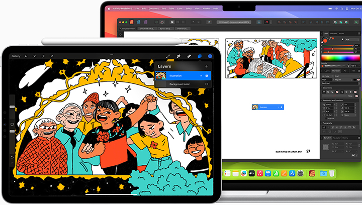 Se muestra el desarrollo de una ilustración en un iPad y una MacBook Pro