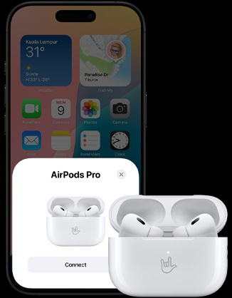 An open charging case with AirPods 4 inside, next to an iPhone showing that AirPods 4 have been connected.