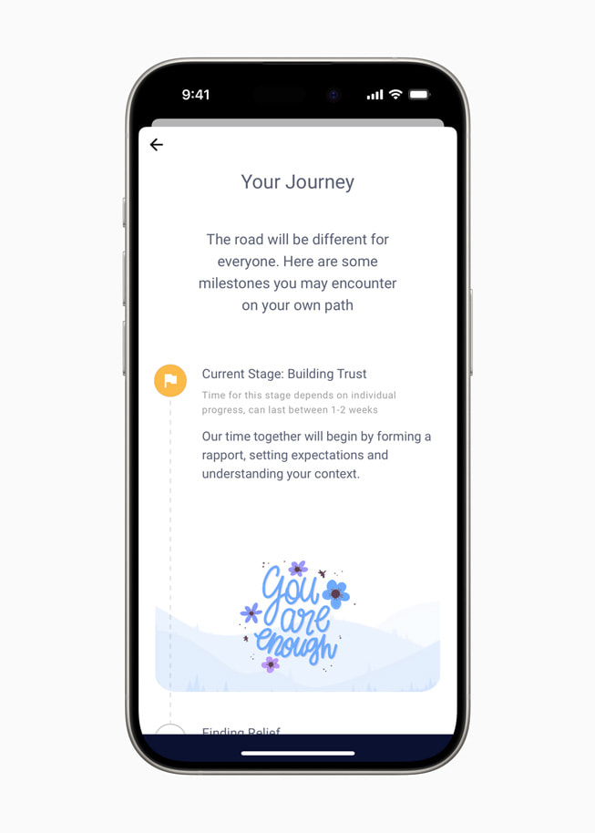 iPhone 15 Proに表示された「Wysa」アプリの「Your Journey」という見出しの画面。