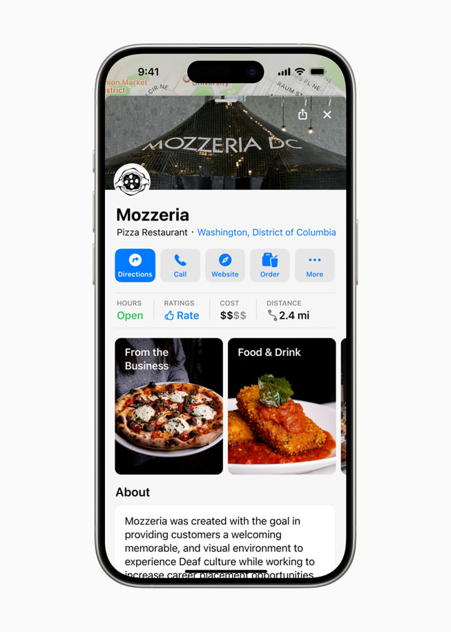 iPhone 15 shows details about Mozzeria in Apple Maps, including hours, ratings, cost, and distance.
