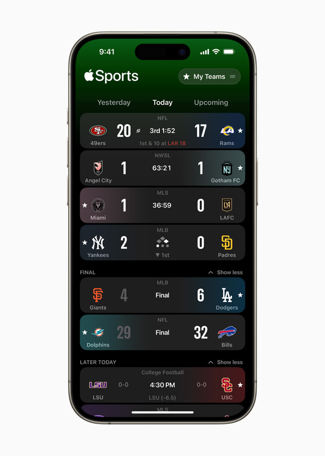 iPhone shows an Apple Sports screen, featuring My Teams and a list of various scores across various leagues and sports.