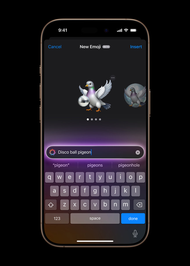 A user generates a unique Genmoji of a disco pigeon on iPhone 16 Pro.