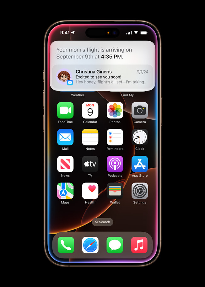 Siri shows a user’s mom’s flight details on iPhone 16 Pro.