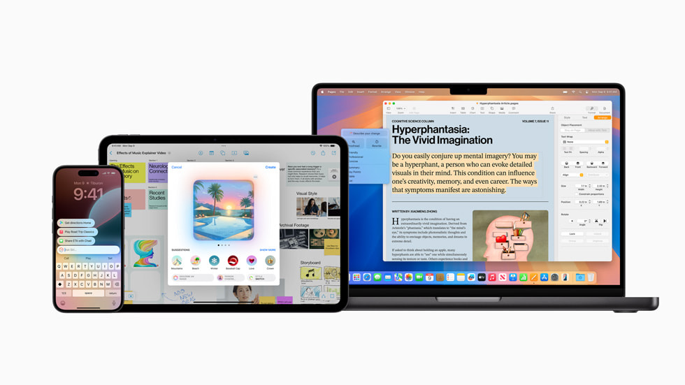 iPhone 16, iPad Pro 11, and MacBook Pro 14 show Apple Intelligence screens.