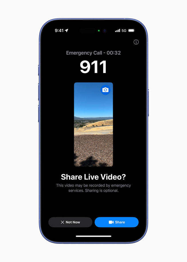 iPhone 16 shows an emergency call with the prompt “Share Live Video?”.