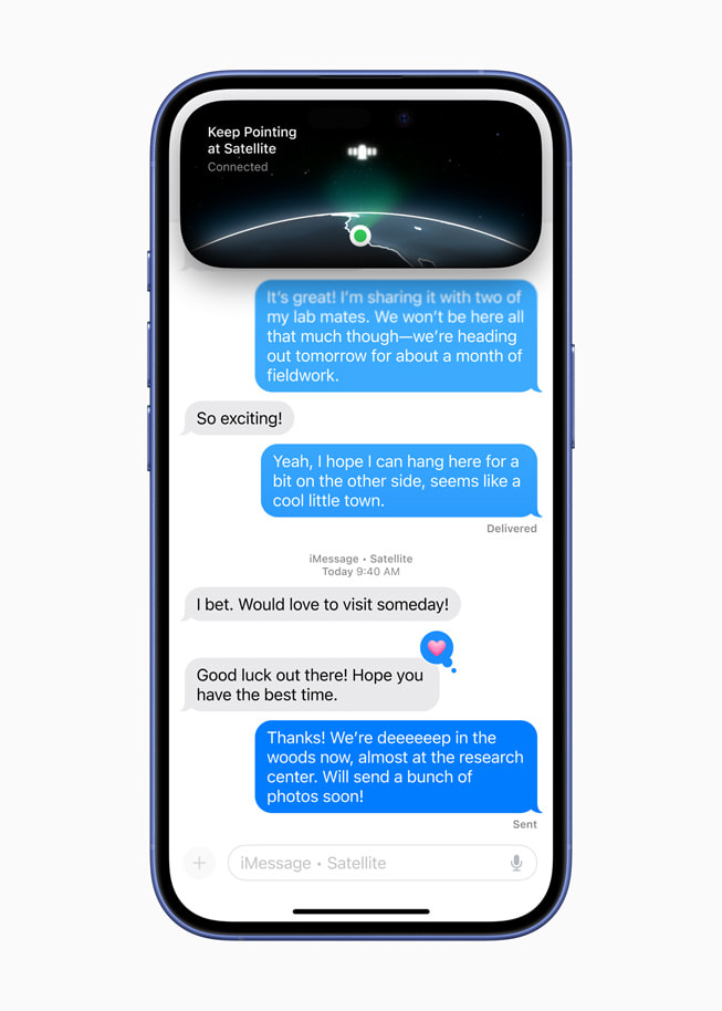 iPhone 16 shows a Messages via satellite screen, featuring a satellite image and a text exchange.