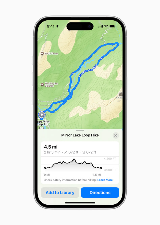 iPhone 16 shows an Apple Maps screen, featuring the Mirror Lake Loop hike with length and elevation details.