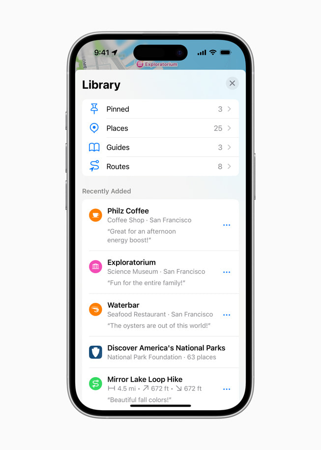 iPhone 16 visar platsbiblioteket med en lista över nyligen tillagda platser, inklusive Philz Coffee, Exploratorium och skaldjursrestaurangen Waterbar.