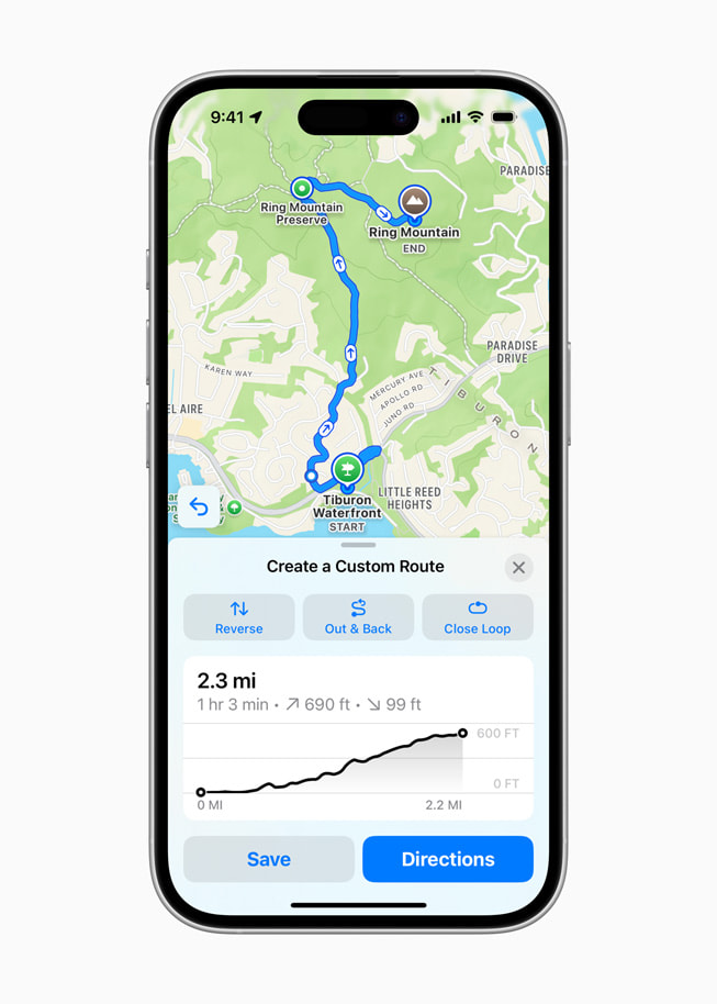 iPhone 16 shows an Apple Maps screen with a custom route.