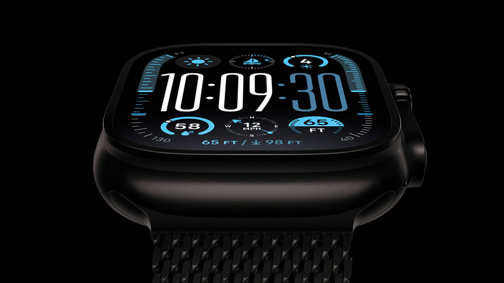 A close-up of Apple Watch Ultra 2 in black titanium.