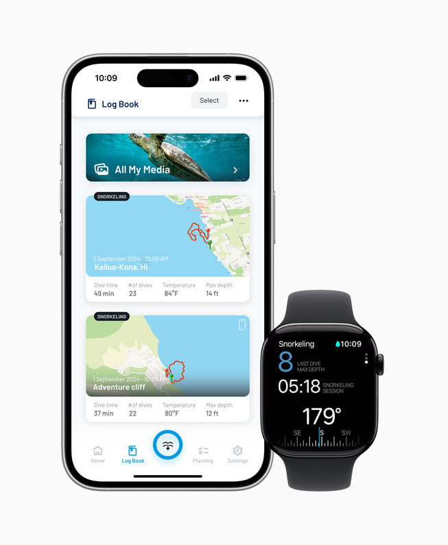 The Oceanic+ app is shown on iPhone 16 Pro and Apple Watch Series 10.