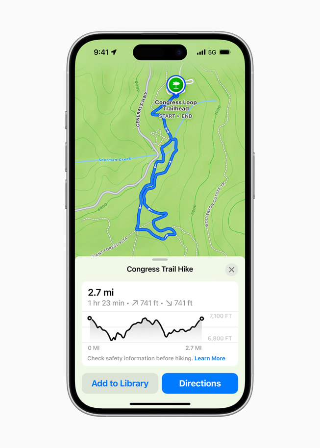 A map of the Congress Trail Hike is shown in Apple Maps on iPhone 16 Pro.