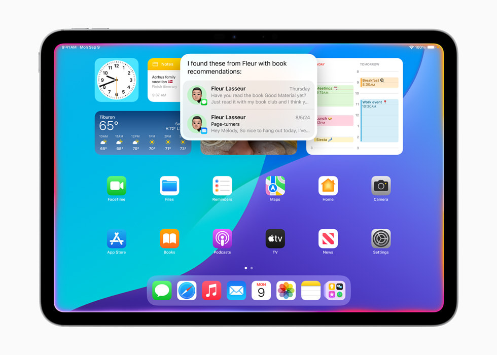 iPad Pro (11-inch) shows Siri searching for a book recommendation in Messages and Mail, with a glowing light wrapping around the edge of the screen.