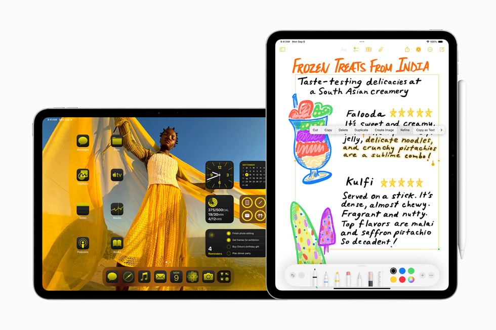 Two iPad Pro (11-inch) devices show customised yellow app icons on the Home Screen and handwritten notes with Smart Script.