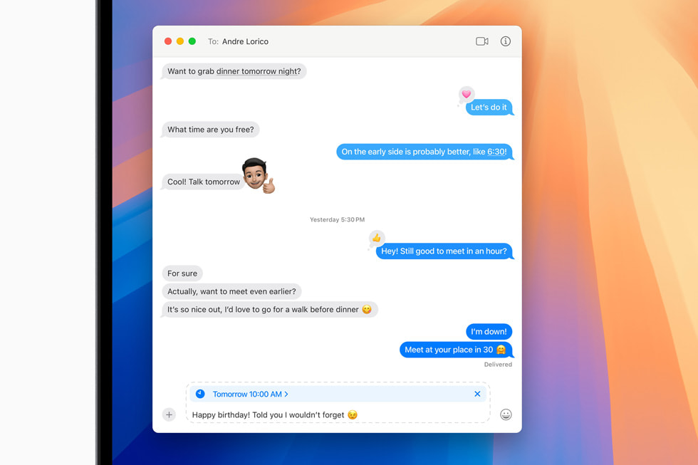 A conversation in Messages showing the send later feature.