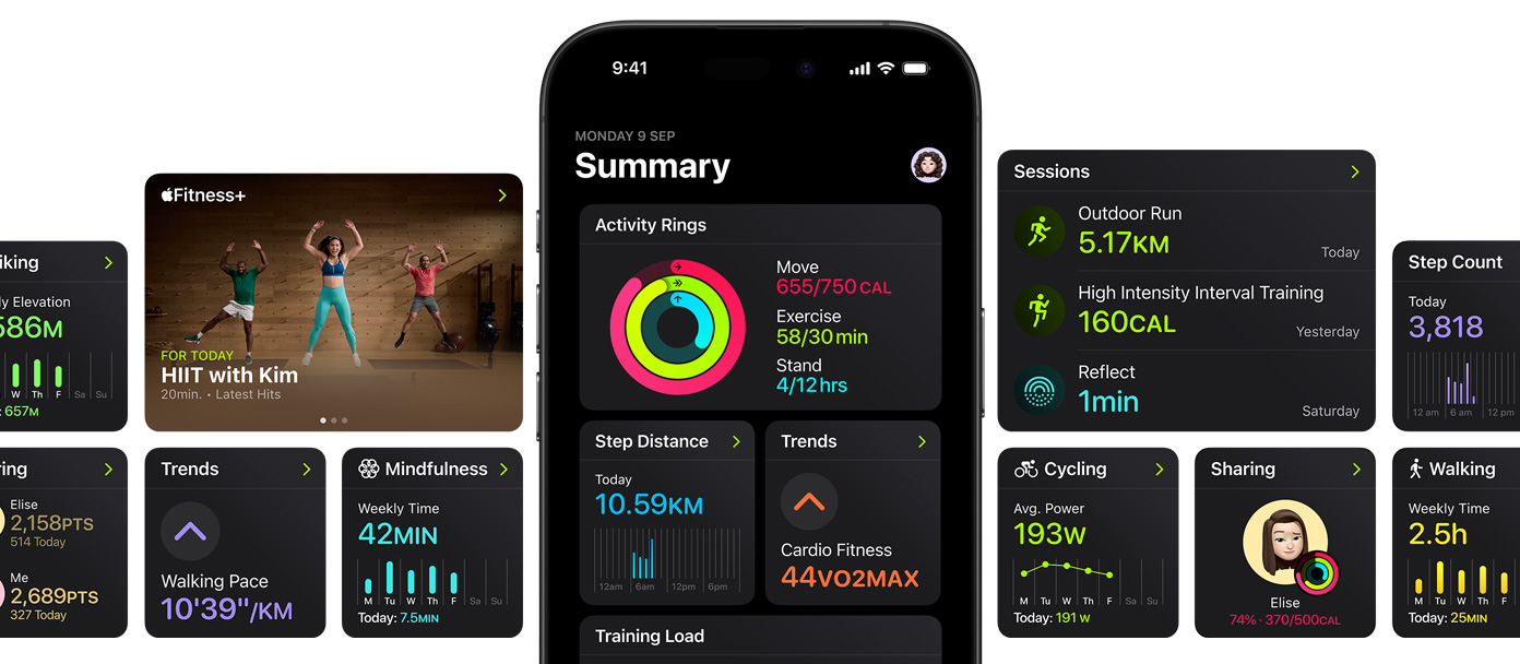 An iPhone in the center of several screens showing customization options for the summary page in the Fitness app.