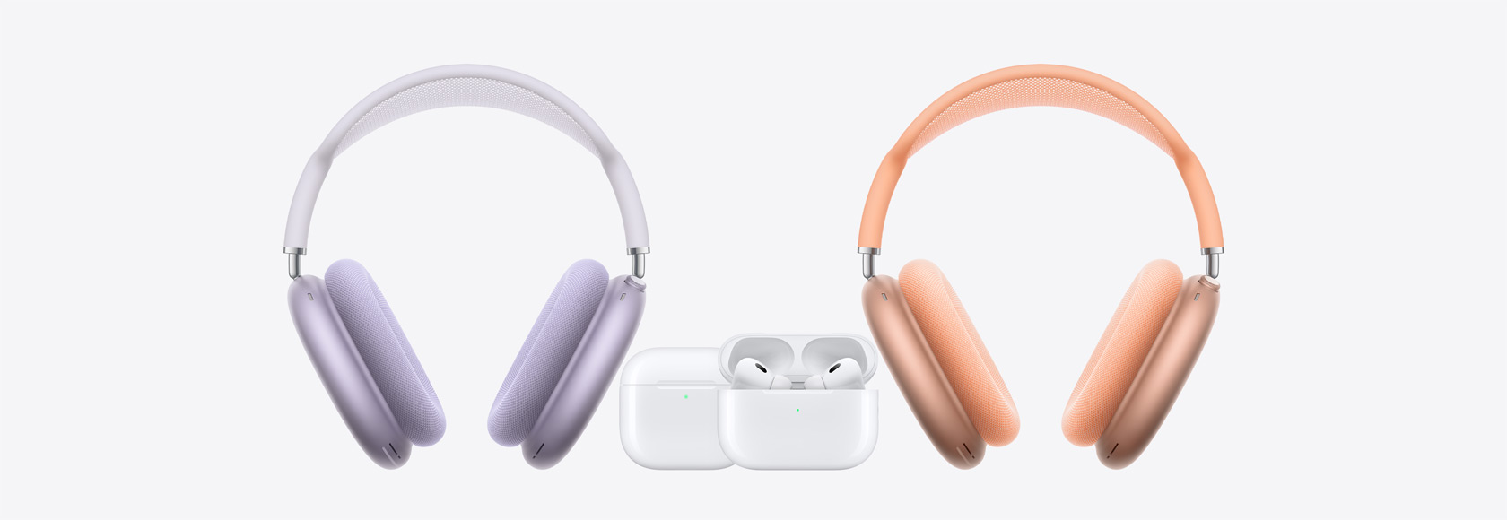 AirPods Max ліворуч, AirPods 4 праворуч та AirPods Pro 2 в центрі.