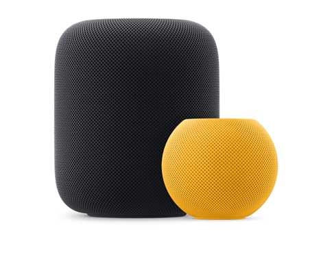 Un HomePod minuit et un HomePod mini jaune placés côte à côte