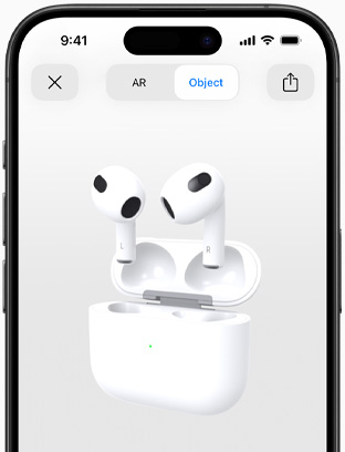 Οθόνη που δείχνει AirPods (3ης γενιάς) να εμφανίζονται σε προβολή επαυξημένης πραγματικότητας σε iPhone.