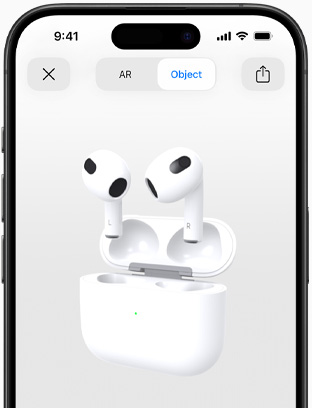 Οθόνη που δείχνει AirPods (3ης γενιάς) να εμφανίζονται σε προβολή επαυξημένης πραγματικότητας σε iPhone.