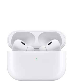 Des AirPods Pro à l’intérieur du boîtier de charge avec le couvercle ouvert.