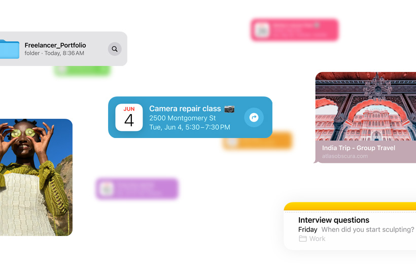 圖片展示行事曆行程、照片和備忘錄等資訊片段，這些是 Siri 可運用的多種來源。