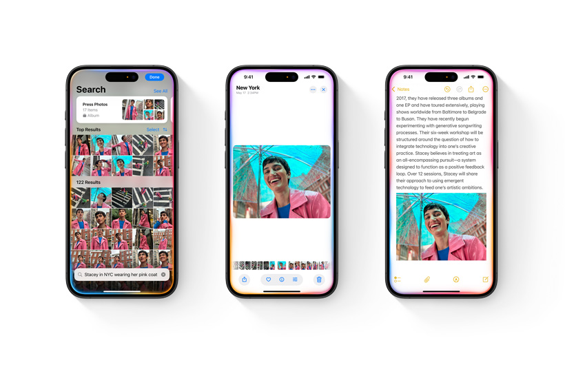 圖片展示「照片」圖庫與搜尋描述同時顯示在 iPhone 上。第二部 iPhone 根據搜尋打開一張已加入喜好項目的照片。第三部 iPhone 則顯示照片已整合到「備忘錄」app 的備忘錄中。