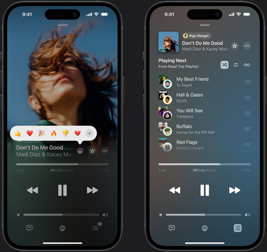 iPhone til venstre som spiller av «Don't Do Me Good» av Madi Diaz og Kacey Musgraves på skjermen, som viser valg for reaksjoner – tommel opp, hjerte, feiring, tommel ned og legg til en annen reaksjon. iPhone til høyre viser en felles spilleliste med navnet Road Trip Playlist, med flere låter som er lagt til av andre