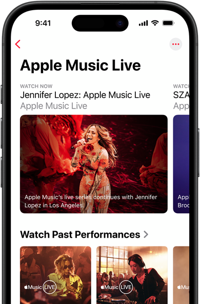 Écran Apple Music Live sur iPhone affichant Regarder, des performances passées et des contenus exclusifs comme Les 100 meilleurs albums Apple Music