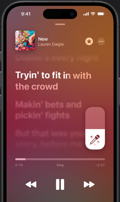 Mode Apple Music Sing sur iPhone avec morceau New de Lauren Daigle en cours de lecture