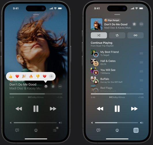 iPhone sur la gauche montrant le titre « Don’t Do Me Good » de Madi Diaz et Kacey Musgraves en cours de lecture sur l’écran avec un emoji de réaction affichant les options pouce levé, cœur, célébrer, pouce baissé ou ajouter une autre réaction. iPhone sur la droite montrant une playlist collaborative intitulée Road trip contenant plusieurs morceaux ajoutés par différentes personnes