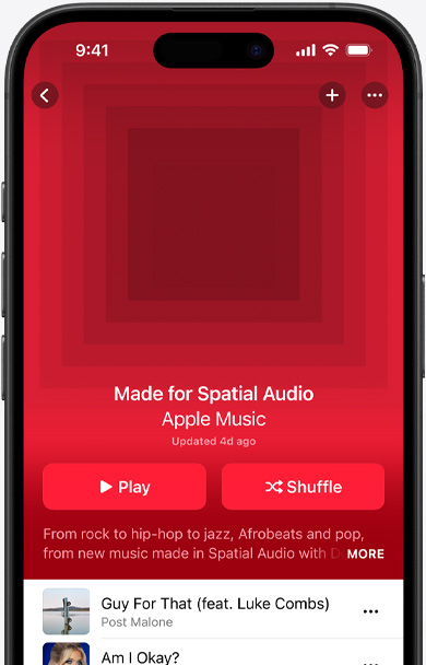 Écran d’iPhone affichant l’illustration de la playlist Conçu pour l’Audio spatial dans l’app Apple Music