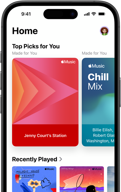 Onglet Accueil d’Apple Music sur iPhone, Catégorie Pour vous montrant les playlists et stations personnalisées de Jenny Court