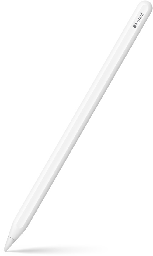 Apple Pencil (andra generationen), upprätt, lätt vinklad med spetsen pekande nedåt. Nära den rundade toppen på Apple Pencil (andra generationen) syns en Apple-logotyp och produktnamnet. Pennan kastar en skugga på underlaget.