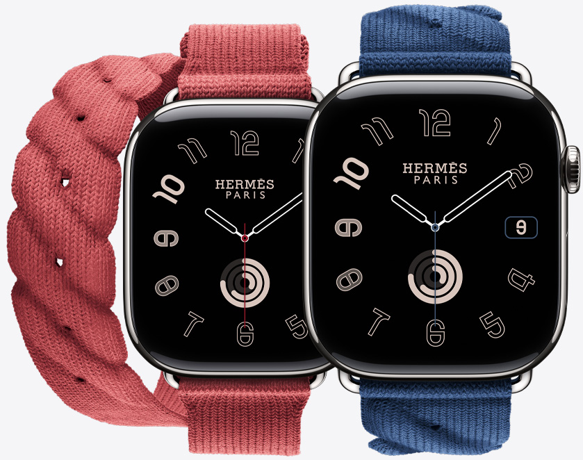 Front view of the continuous knit Torsade Single Tour and Double Tour bands in Rouge Grenat (red) and Navy (blue) with the Hermès Radial watch face.