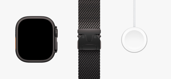 Lined up in a row: front view of Apple Watch Ultra 2 hardware, a black Titanium Milanese Loop band, and Magnetic Fast Charger to USB-C Cable.