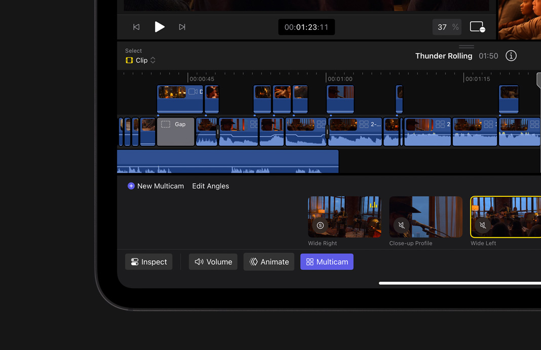 Cambio de ángulos en la Magnetic Timeline en Final Cut Pro para el iPad en un iPad Pro.