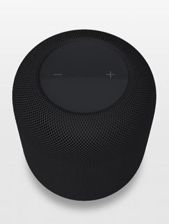 Un HomePod color mezzanotte in realtà aumentata sullo schermo di un iPhone.