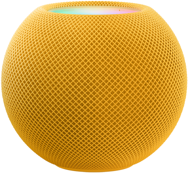 HomePod mini amarillo debajo de una animación de píxeles de varios colores que se mueven formando la palabra «mini».