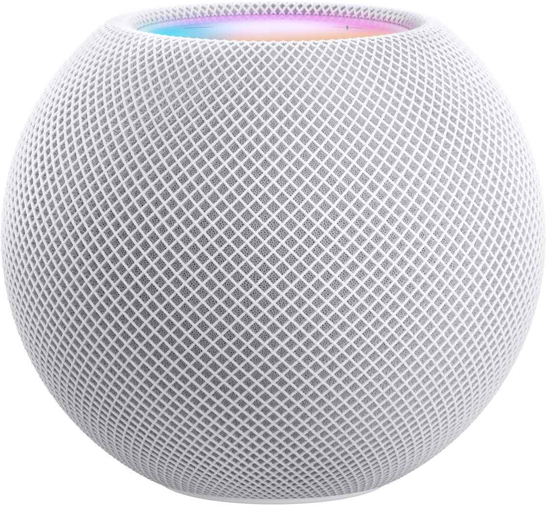 HomePod mini blanco con vista oblicua de la pantalla táctil de colores.