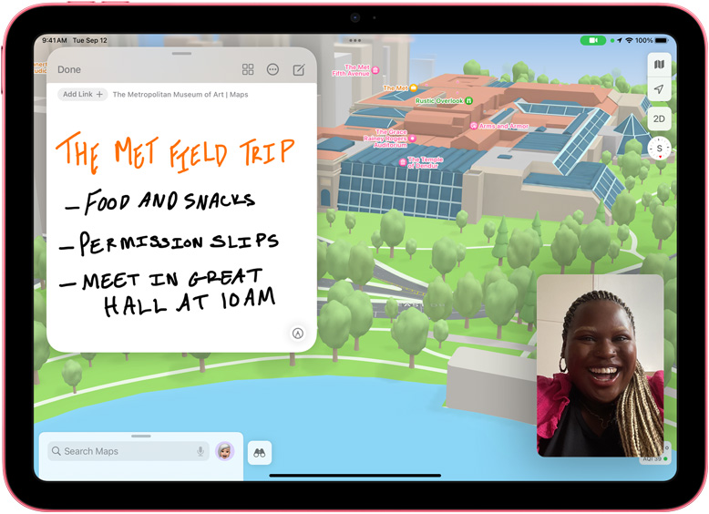 QuickNote di Peta dengan thumbnail FaceTime di iPad.