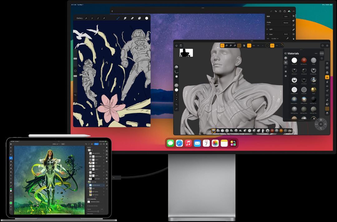 iPad Pro in horizontale stand bevestigd aan Magic Keyboard, verbonden met een extern display, op beide worden foto’s bewerkt