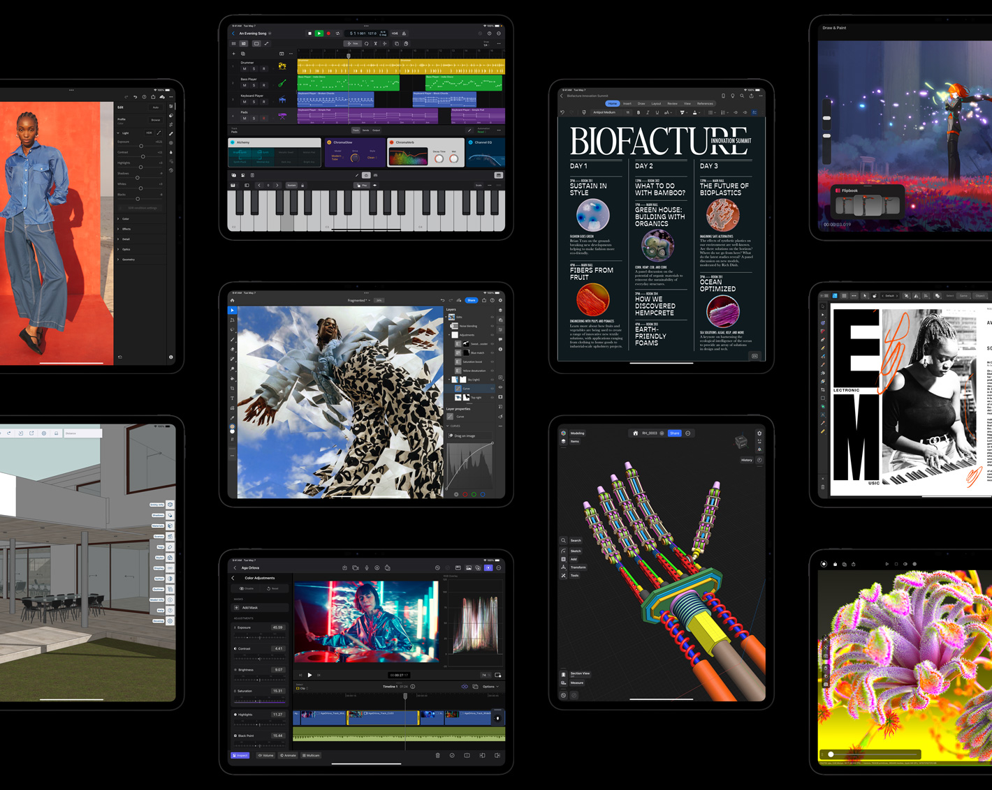 Tien iPad Pro-displays met verschillende apps, waaronder Adobe Lightroom, Trimble SketchUp, Logic Pro, Adobe Photoshop, Final Cut Pro, Microsoft Word, Shapr3D, Procreate Dreams, Affinity Designer 2, Octane X