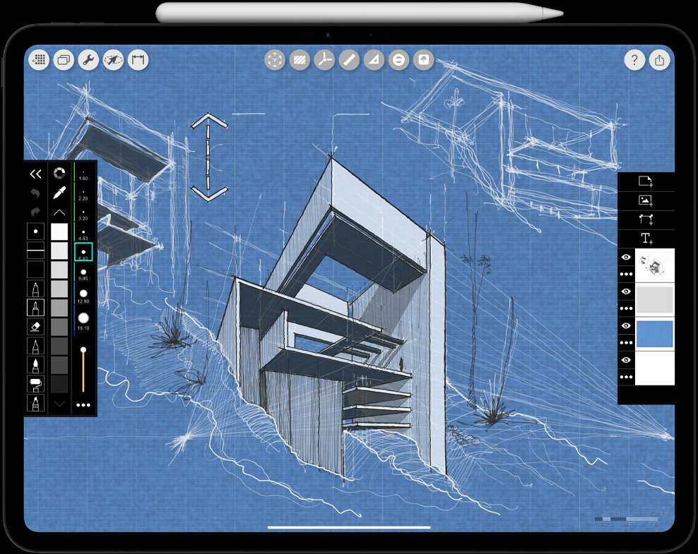 Orientácia na šírku, ceruzka Apple Pencil Pro pripojená k iPadu Pro, na obrazovke je architektonická kresba