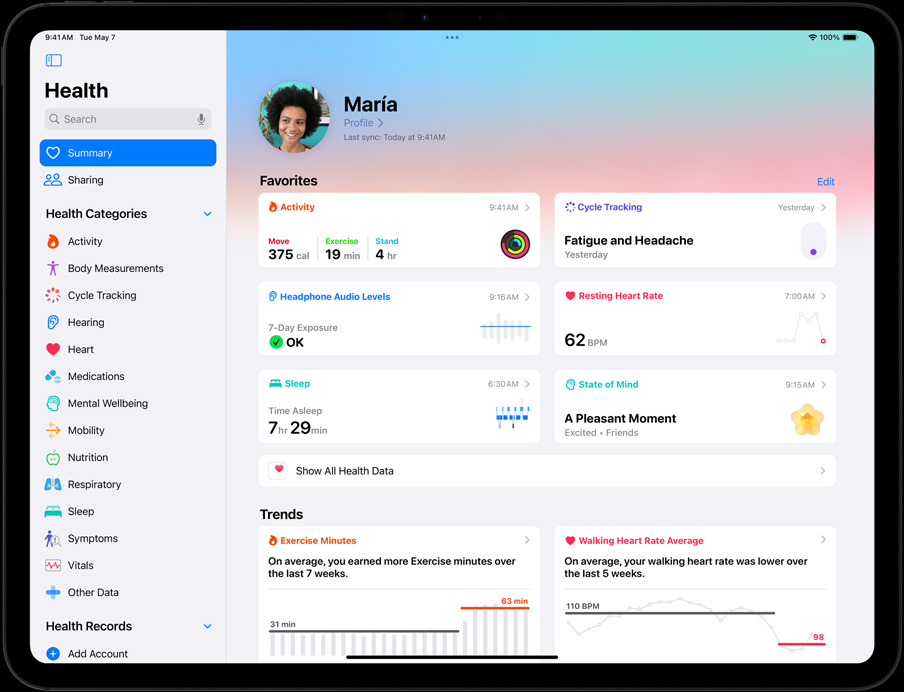 iPad Pro in landscape orientation, screen displaying user's Health app summary
