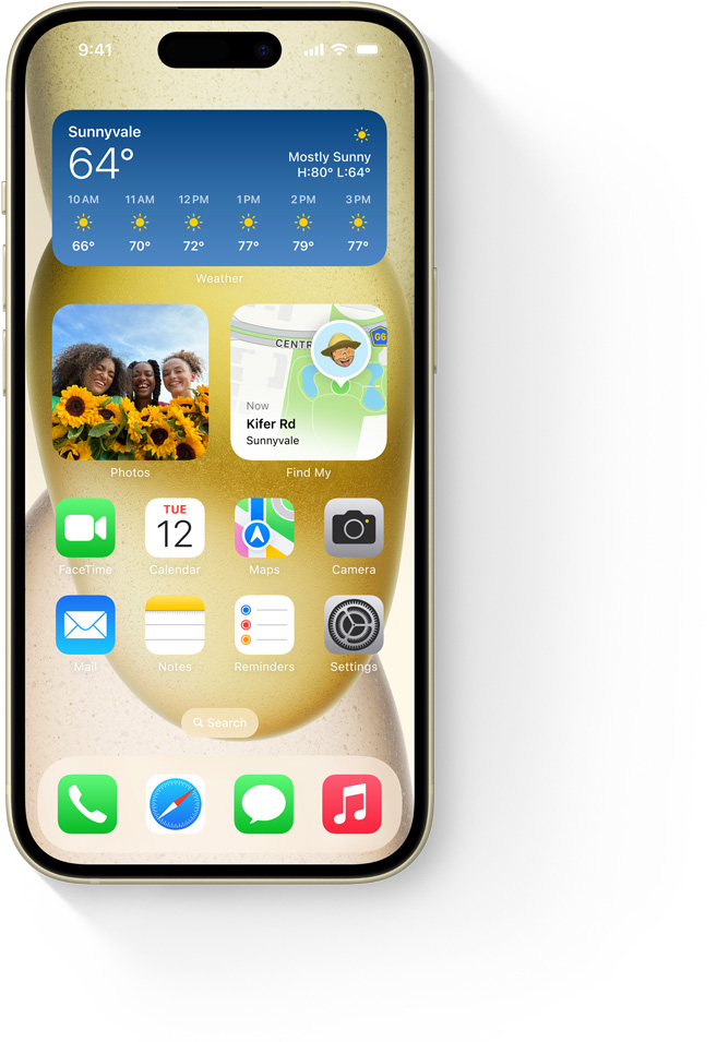 Écran Super Retina XDR de l’iPhone 15 affichant une journée ensoleillée dans l’app Météo