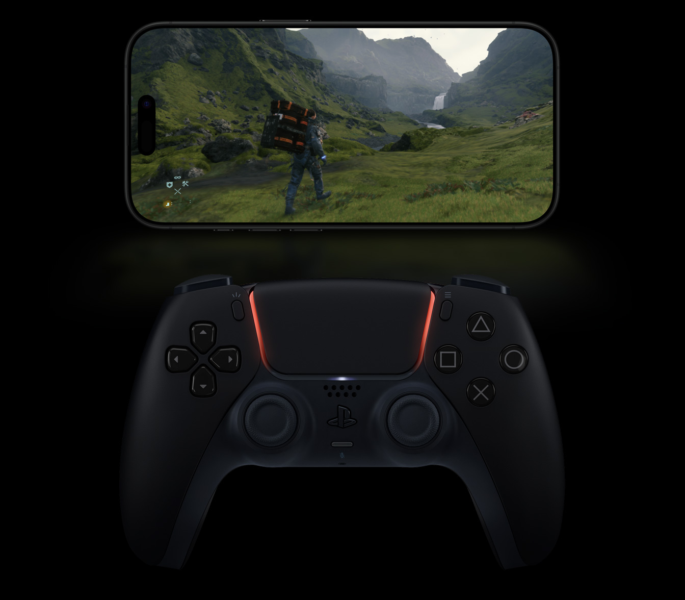  تشغيل لعبة Death Stranding Director's Cut على iPhone 16 Pro من تيتانيوم أسود، مع وحدة لاسلكية للتحكم في الألعاب