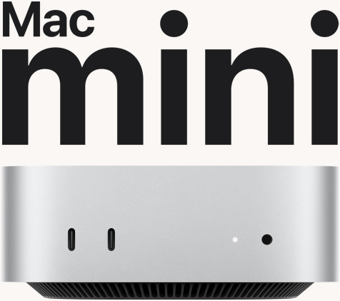 Изглед отпред на сребърен Mac mini с предни портове и светлинен индикатор.